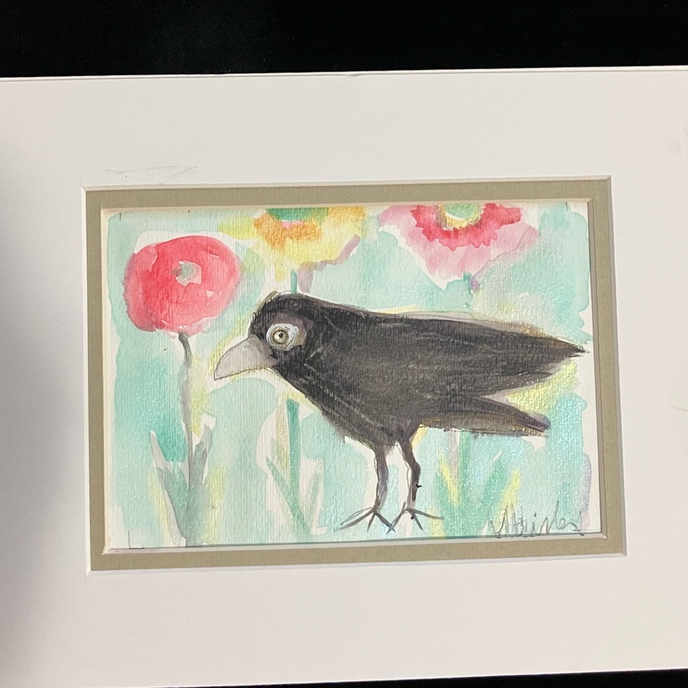 Garden Crow”An Original Watercolor /Mixed Media Painting Matted 5"x7" - Picture 5 of 11